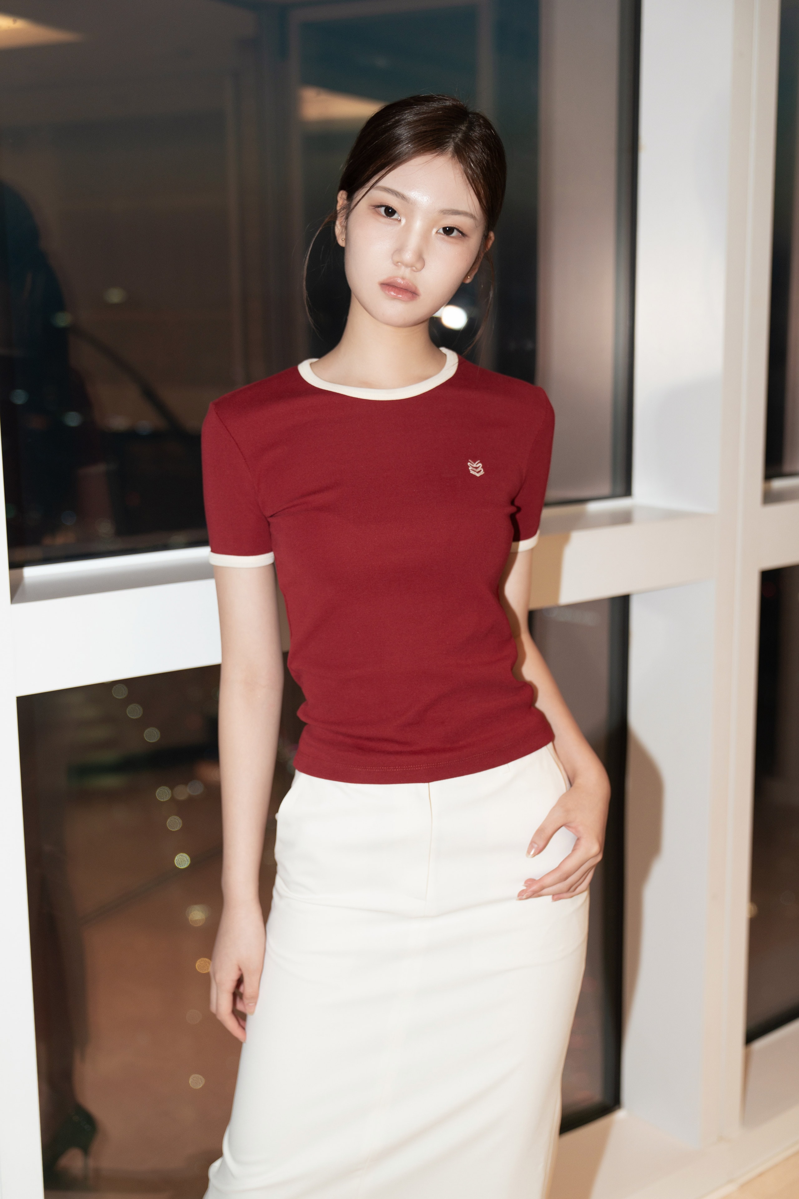 The T-Shirt in Red with the Long Skirt in Ivory